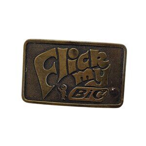 Vintage 1980s Flick My BIC Brass Belt Buckle Retro Design 3"x2" USA Made Collect